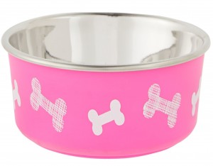 a pink doggy food bowl